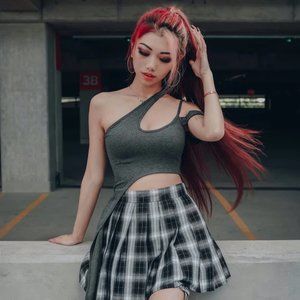 (1880) Lychee Ume Asymmetrical Side Slit Top Charcoal Grey L Check Size Chart